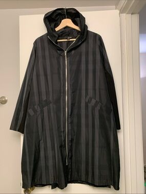 ❤️ SUN KIM COMFY USA NEW artsy black grey striped coat,hooded, spring,fall!❤️